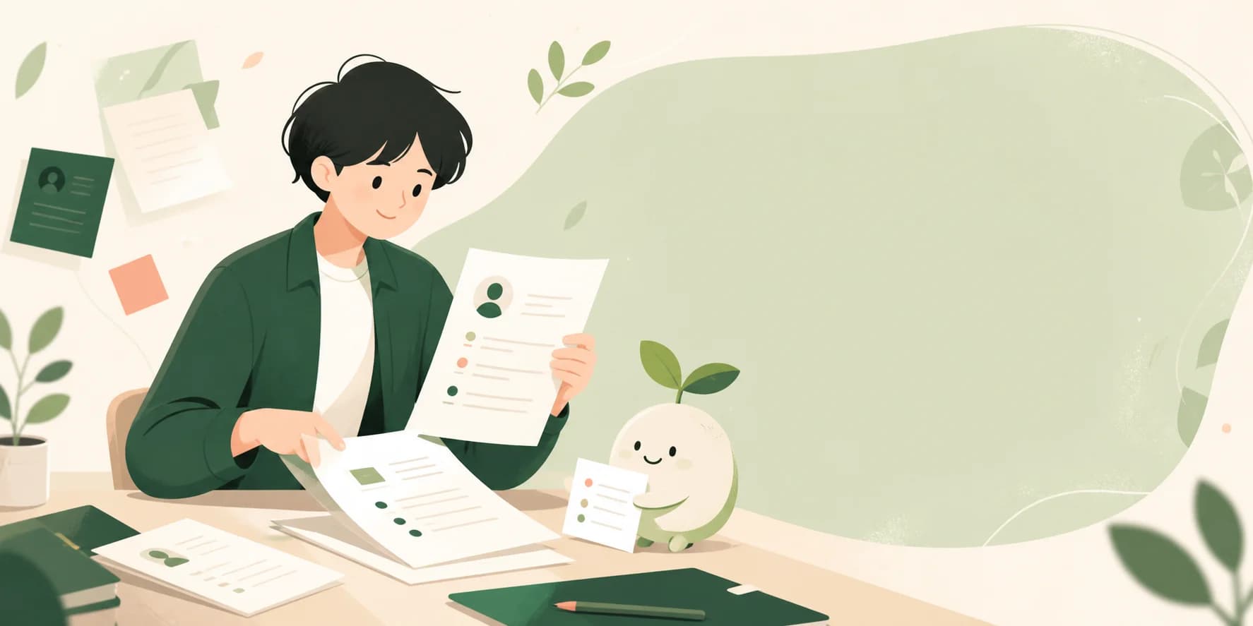 応募書類を整える人と小さなプランツのイラスト